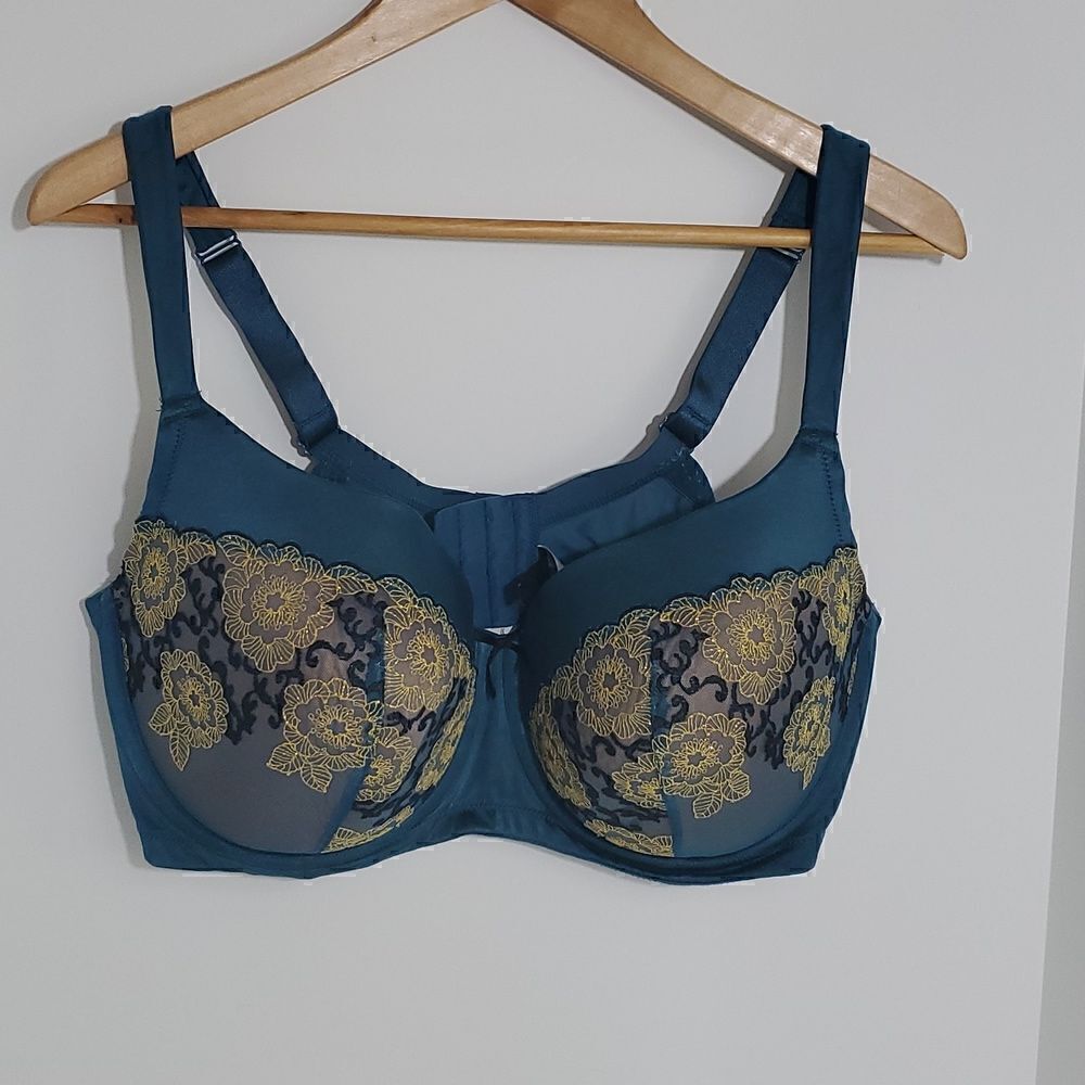 Ambrielle Lightly Lined Balconette Bra Teal Embroidered Size 42DDD